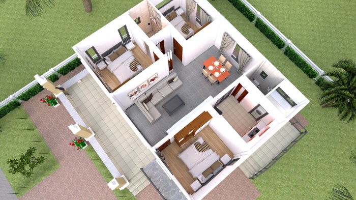 Denah rumah 10x10 3 kamar tidur 3d