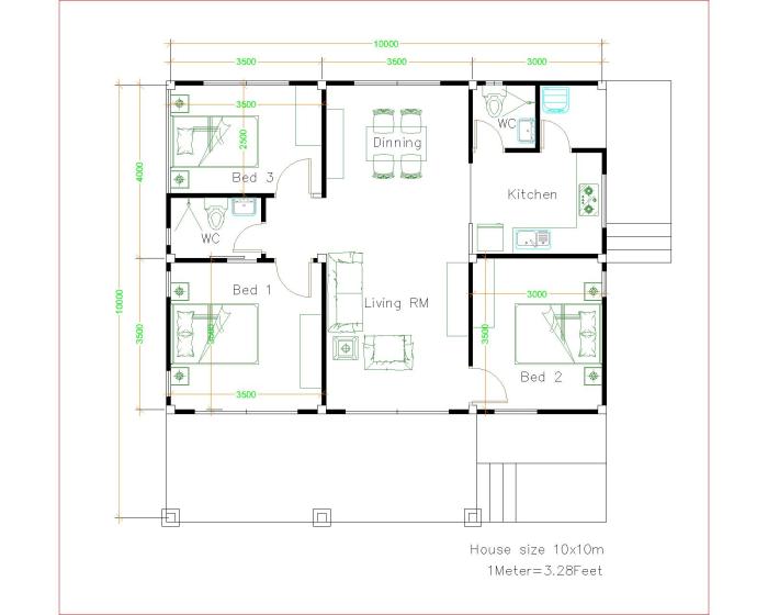 Denah rumah 10x10 3 kamar tidur 3d